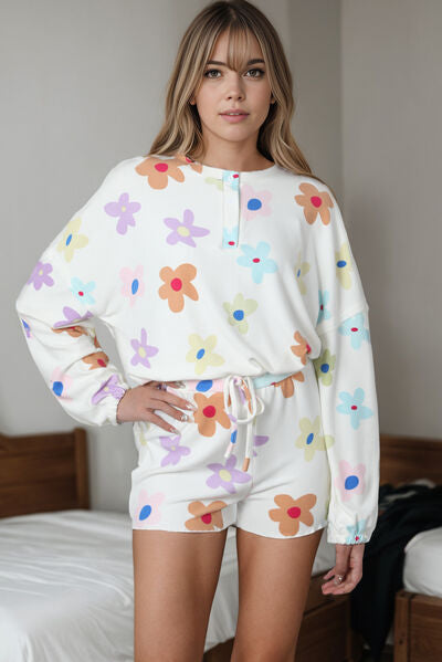 Printed Quarter Button Top and Shorts Lounge Set