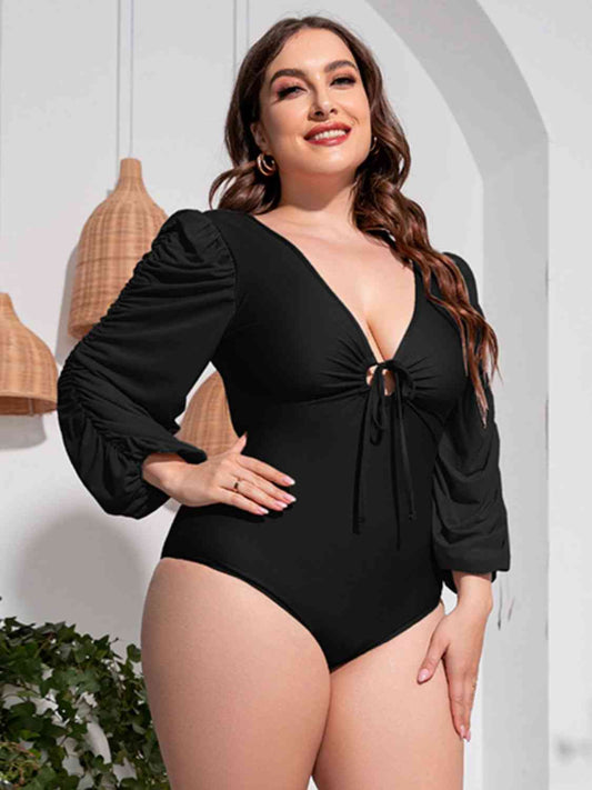 Plus Size Tied Deep V Balloon Sleeve One Piece Swimsuit