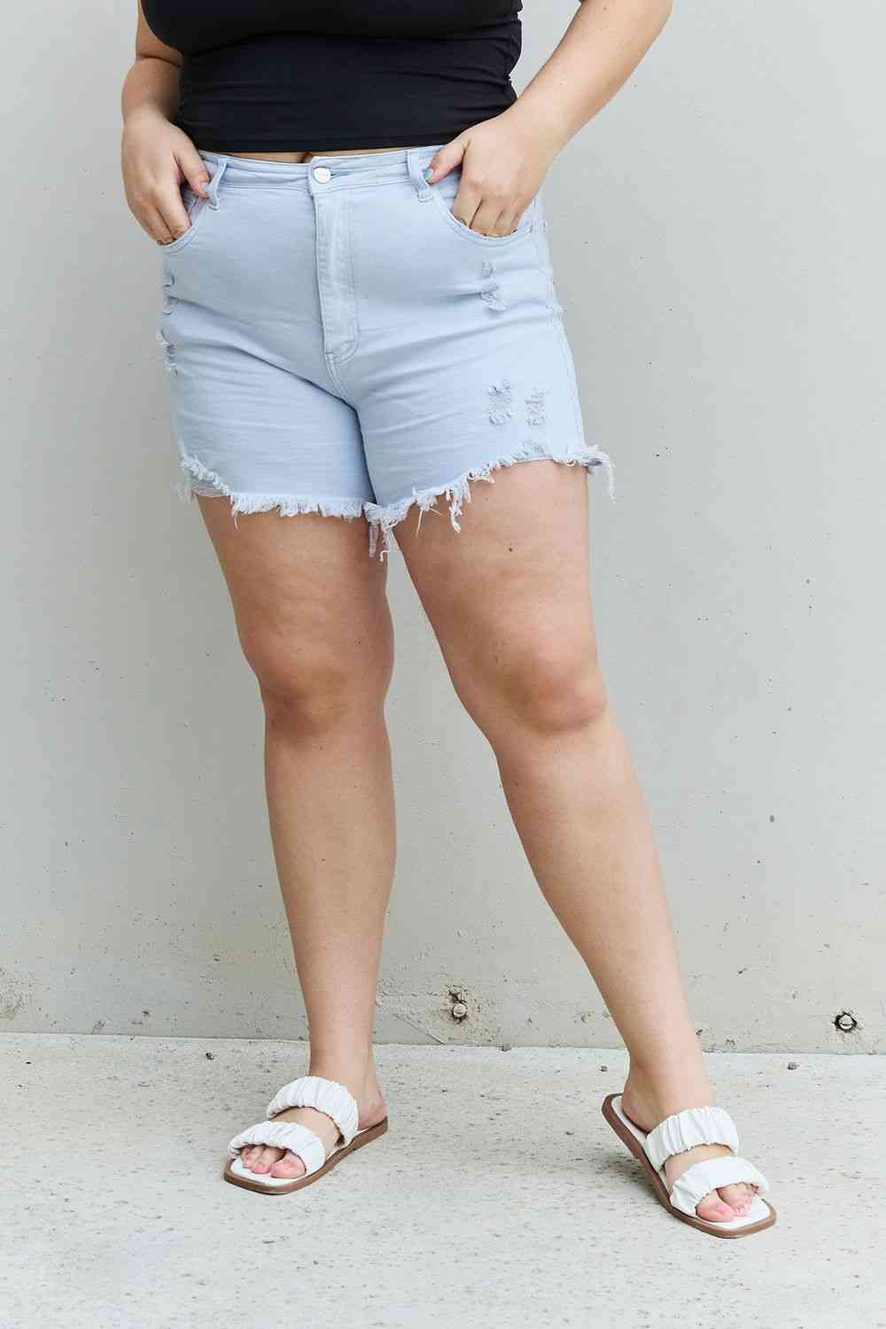 RISEN Katie Full Size High Waisted Shorts Ice Blue