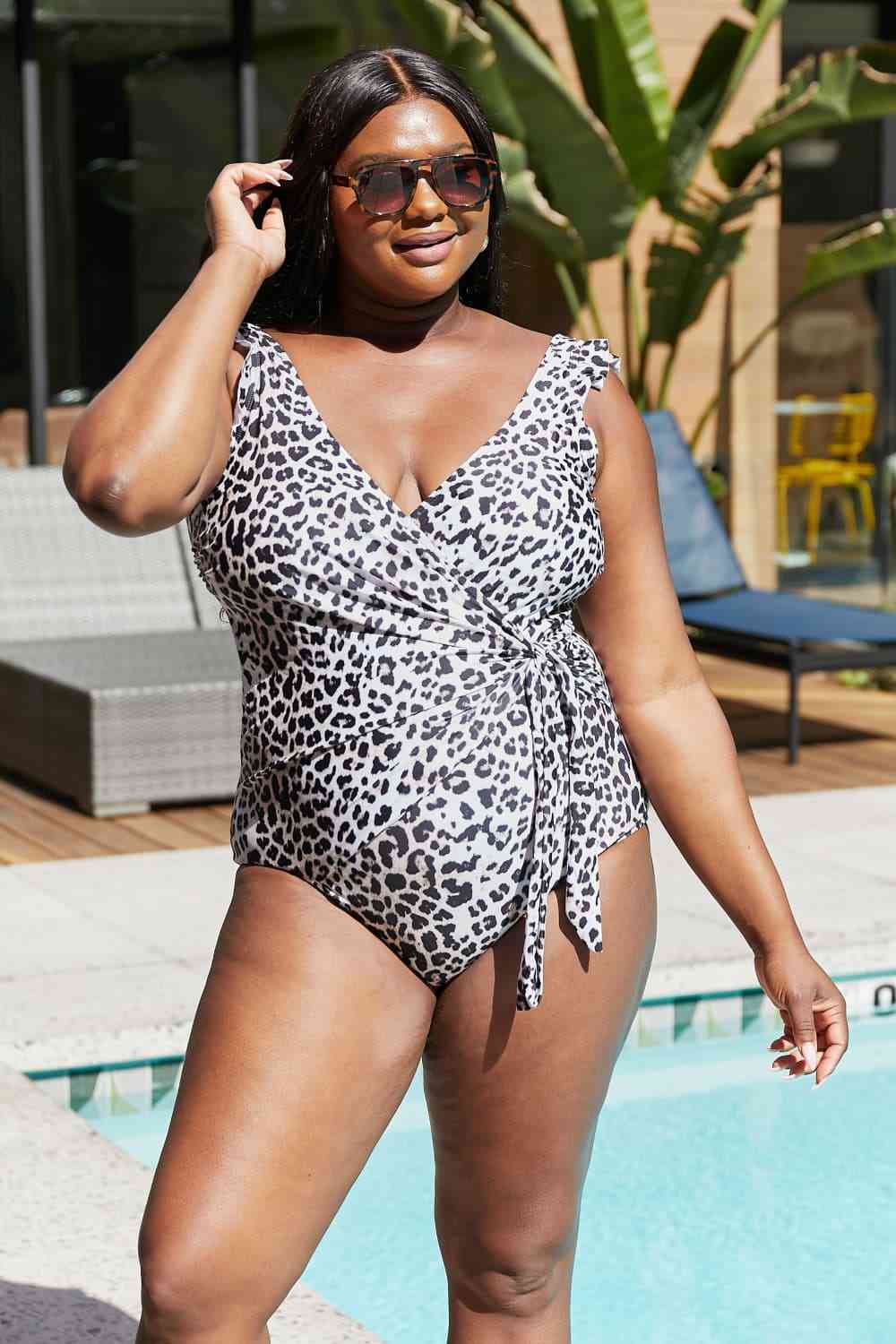 Marina West Float On Ruffle Faux Wrap One Piece in Cat