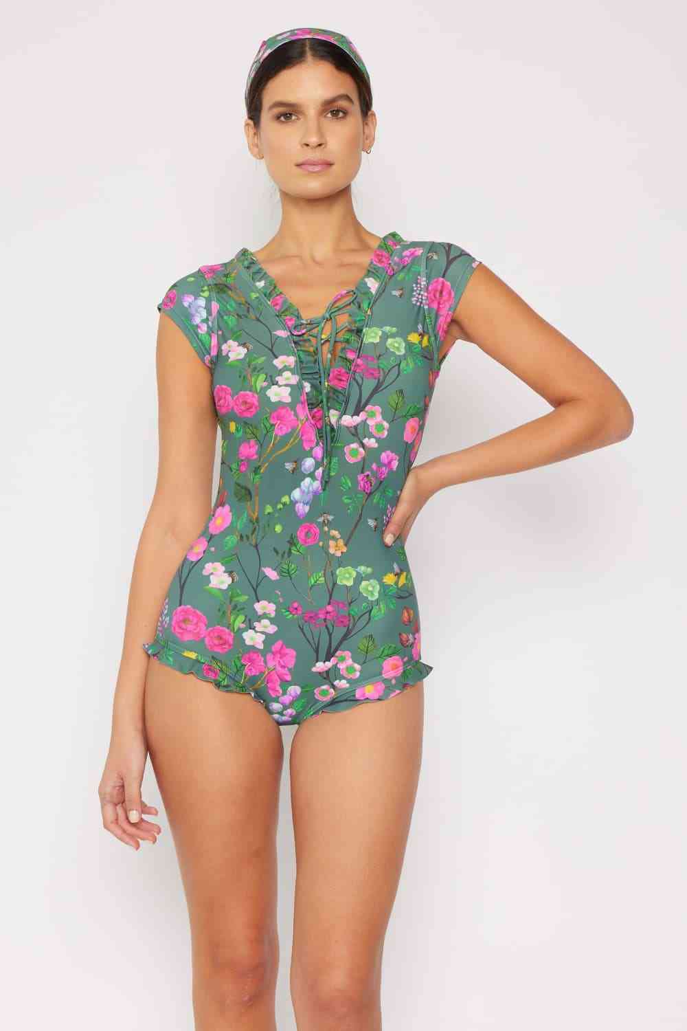 Bring Me Flowers V Neck One Piece Swimsuit In Sage