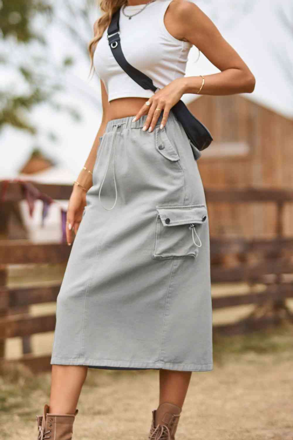 Drawstring Waist Slit Midi Denim Skirt