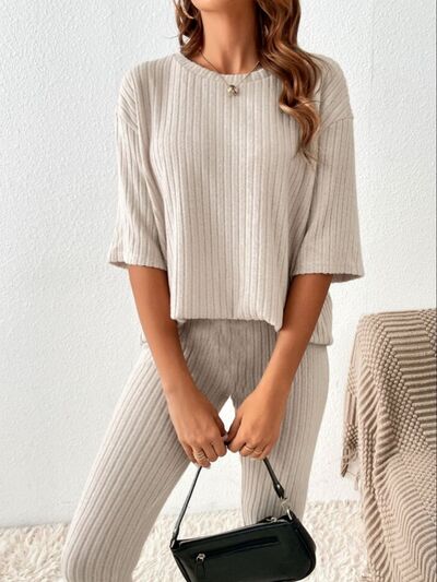 Ribbed Round Neck T Shirt and Pants Lounge Set
