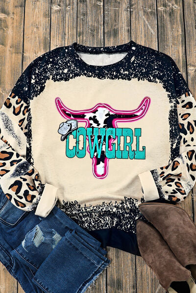COWGIRL Leopard Round Neck Sweatshirt