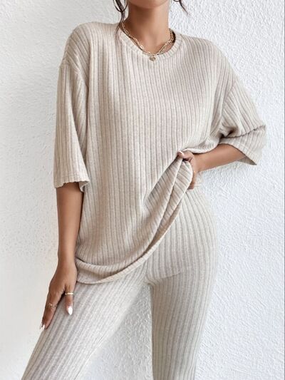 Ribbed Round Neck T Shirt and Pants Lounge Set