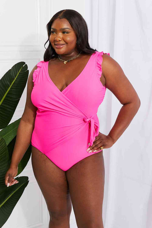 Marina West Float On Ruffle Faux Wrap One Piece Pink