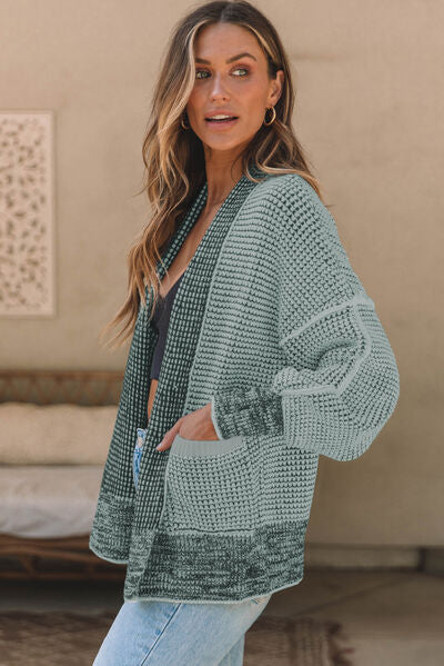 Waffle Knit Pocketed Open Front Cardigan