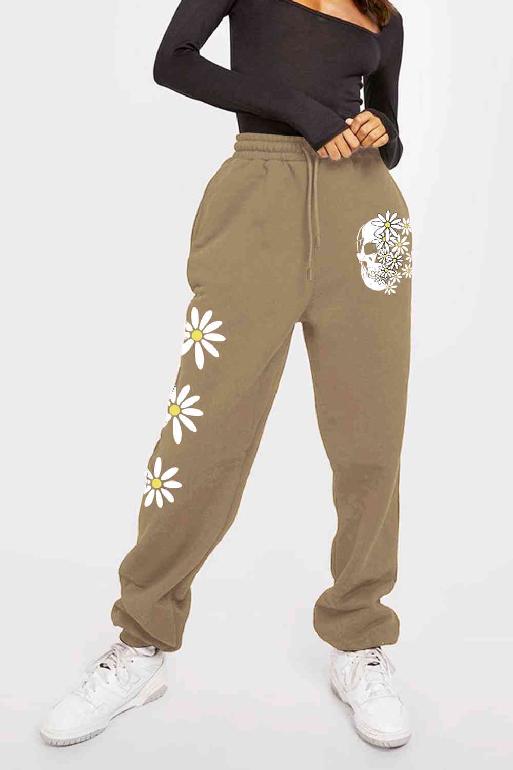 Drawstring Flower and Skull Graphic Long Sweatpants