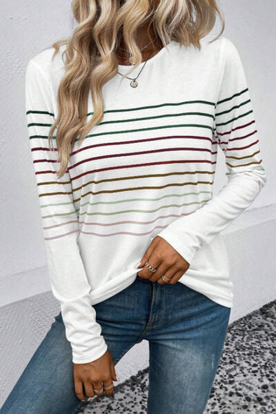 Striped Round Neck Long Sleeve T Shirt