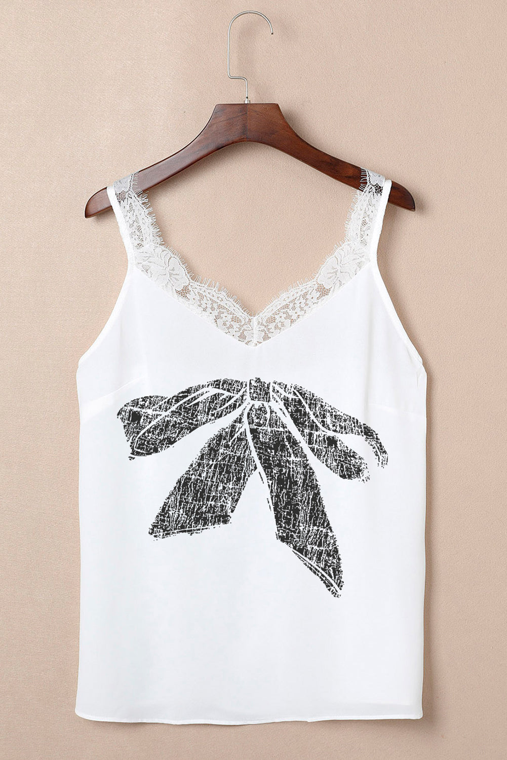 Lace Detail V Neck Bow Graphic Tank Top