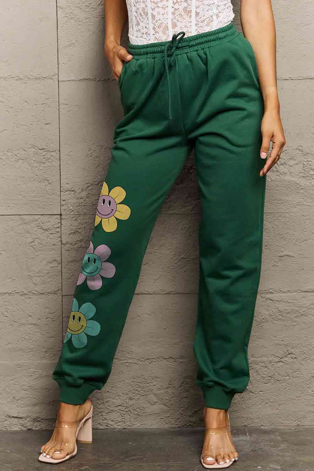 Full Size Drawstring Flower Graphic Long Sweatpants