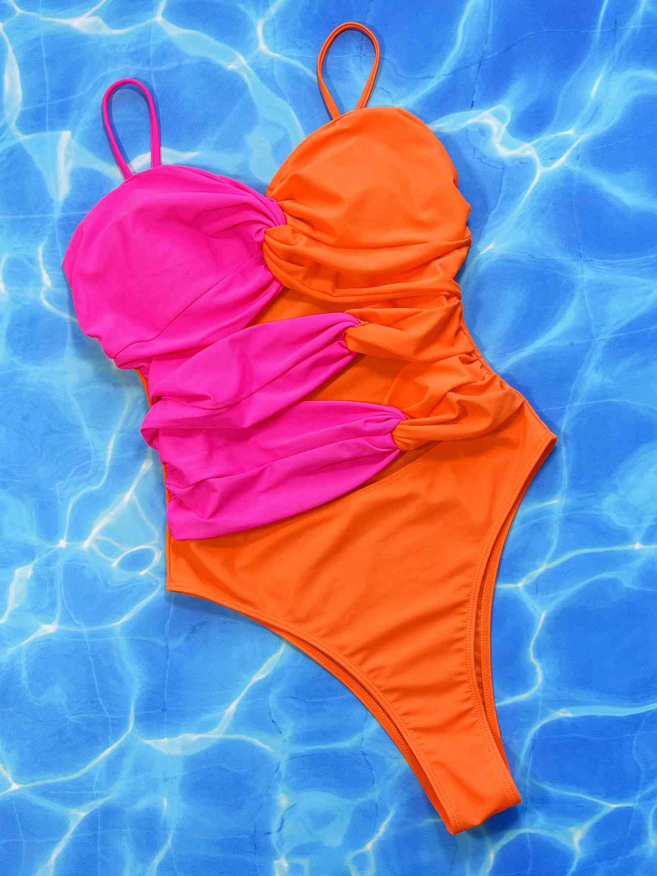 Two Tone Twisted Cutout One Piece Swimsuit