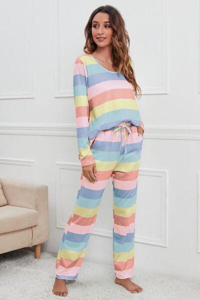 Striped Round Neck Long Sleeve Top and Pants Lounge Set