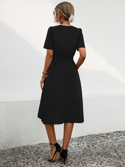 Tied Notched Short Sleeve Casual Dress