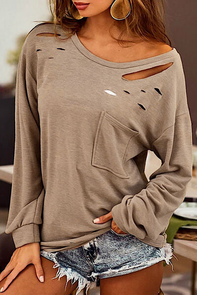 Distressed Pocketed Round Neck Long  Sleeve T Shirt