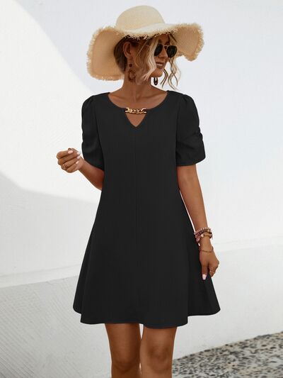 Chain Notched Short Sleeve Casual Dress