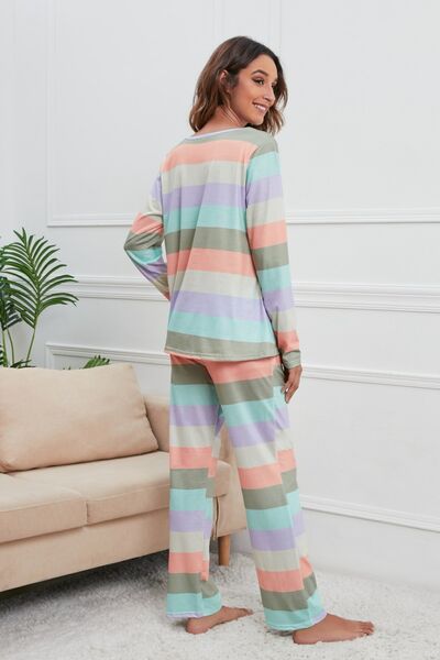 Striped Round Neck Long Sleeve Top and Pants Lounge Set