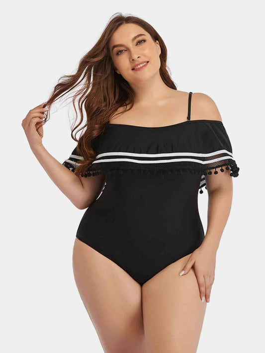 Plus Size Striped Cold Shoulder One Piece Swimsuit