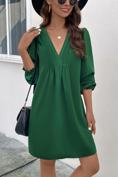 Ruched V Neck Flounce Sleeve Casual Dress