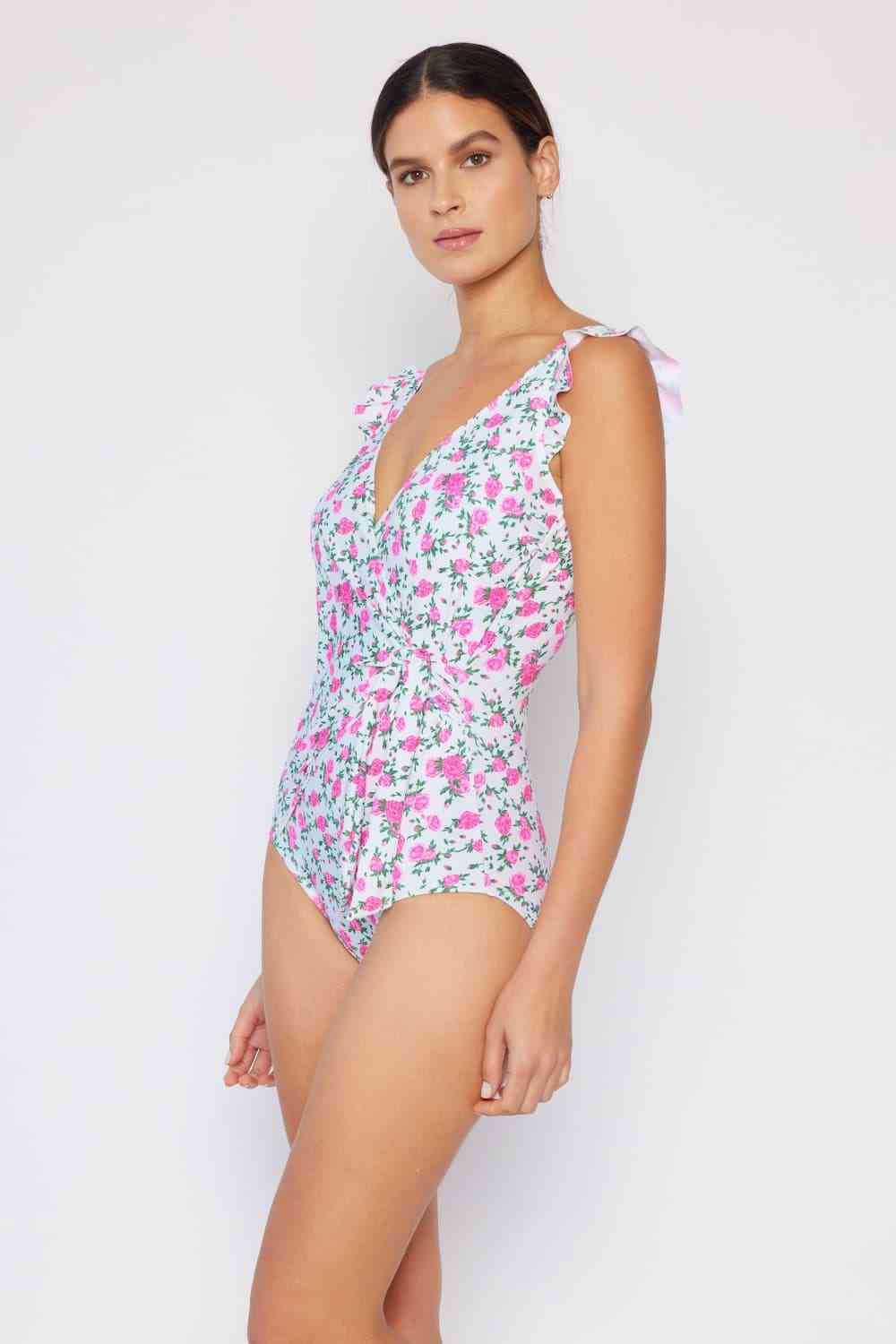 Float On Ruffle Faux Wrap One Piece Roses Off White