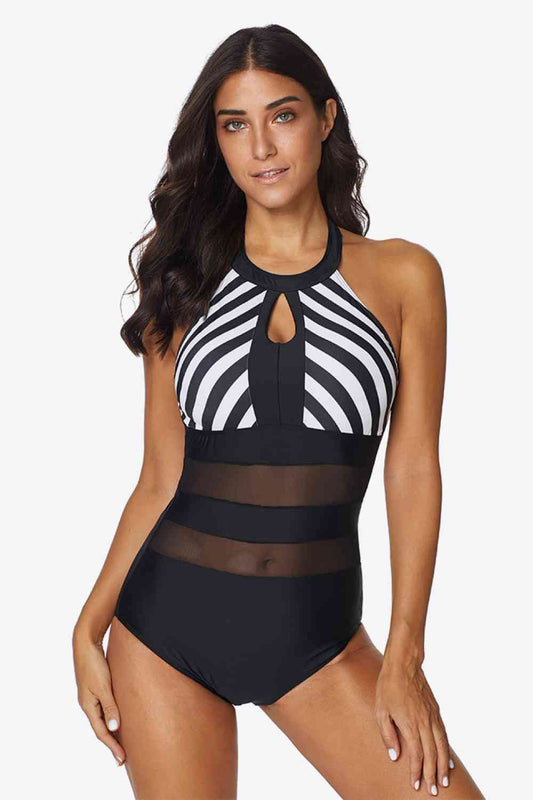 Striped Cutout Spliced Mesh Halter Neck One Piece Swimsuit