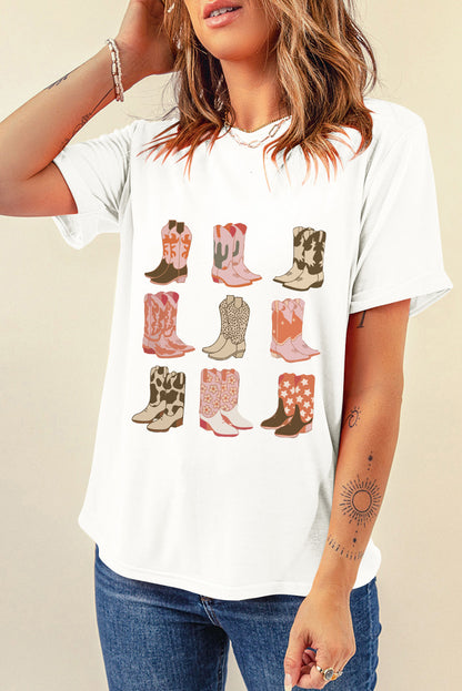 White Mixed Boots Graphic Round Neck Roll Up Sleeve T Shirt
