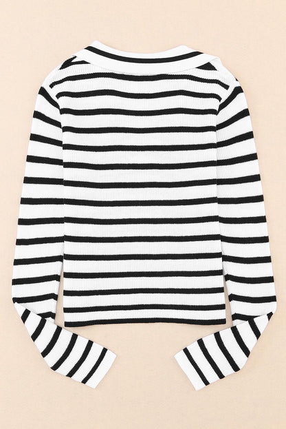 Stripe Casual Collared V Neck Lightweight Knit Sweater