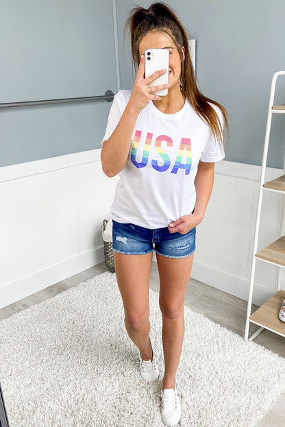 White Casual Colorful USA Letter Graphic Crewneck T Shirt