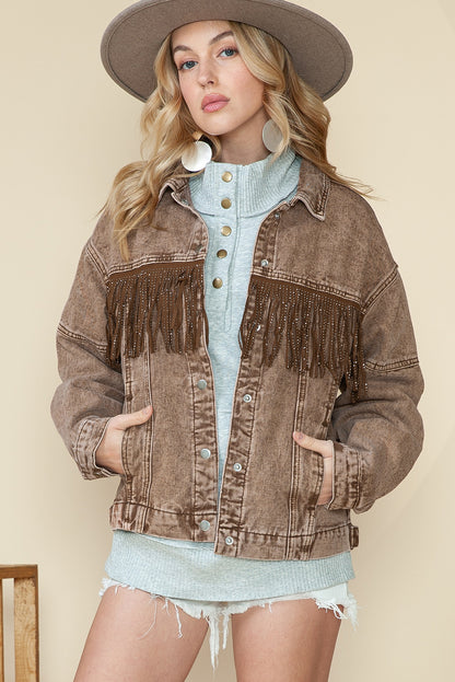 Brown Rhinestone Fringe Vintage Denim Jacket