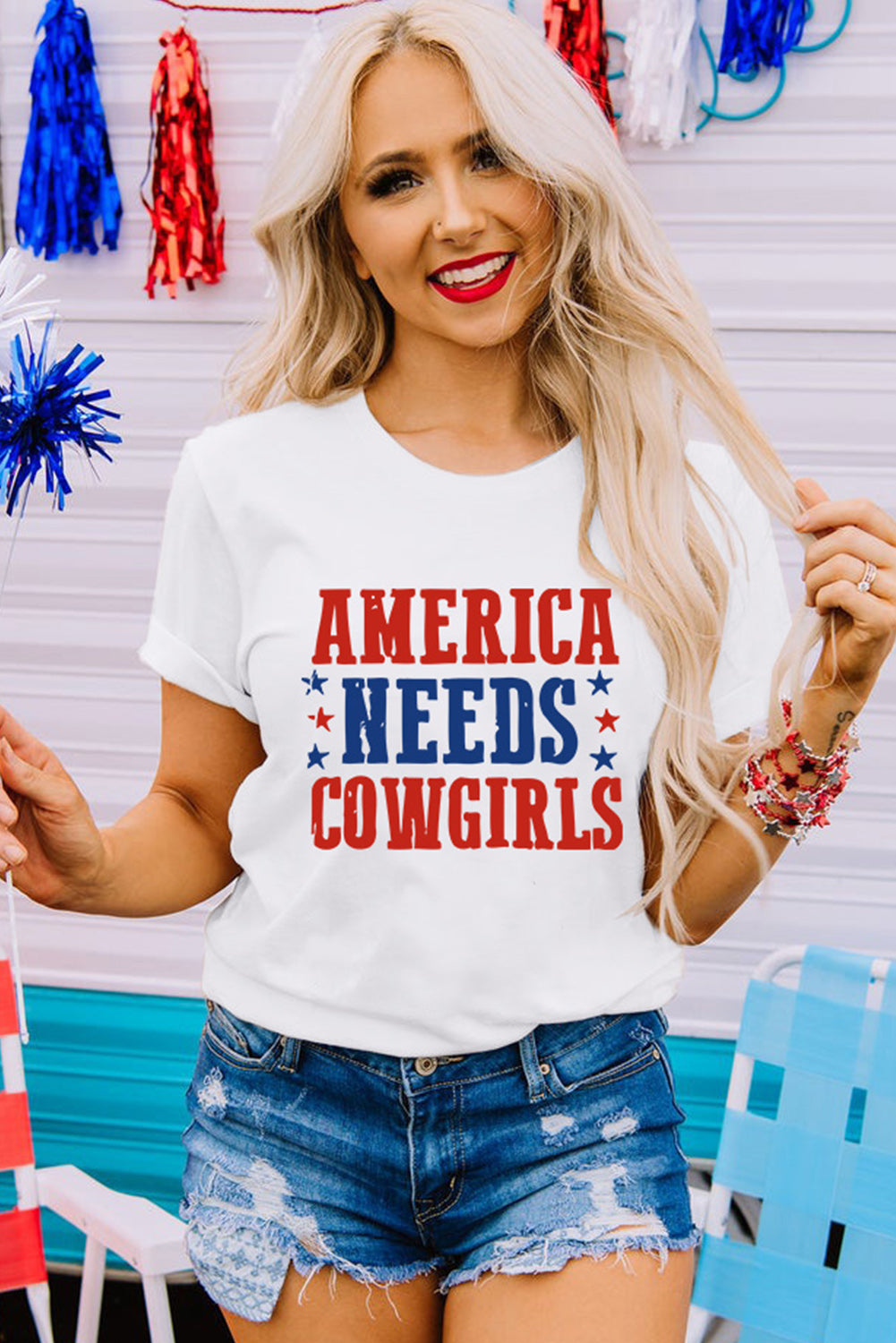 White America Needs Cowgirls Graphic Crew Neck Tee