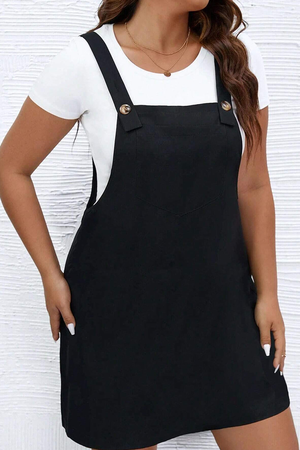 Black Plus Size Overall Dress with Buttoned Straps
