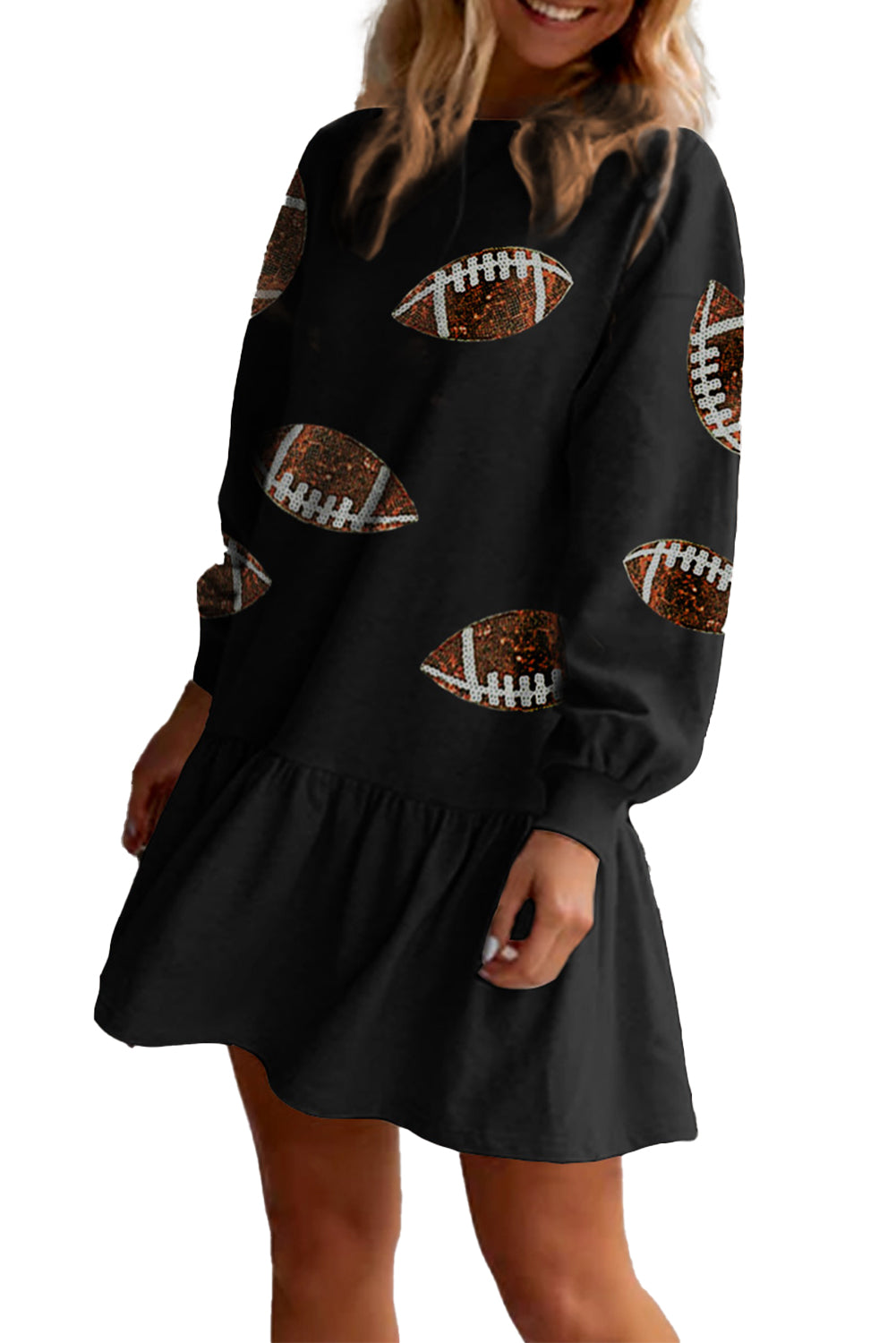 Black Sequins Rugby Mini Sweatshirt Dress