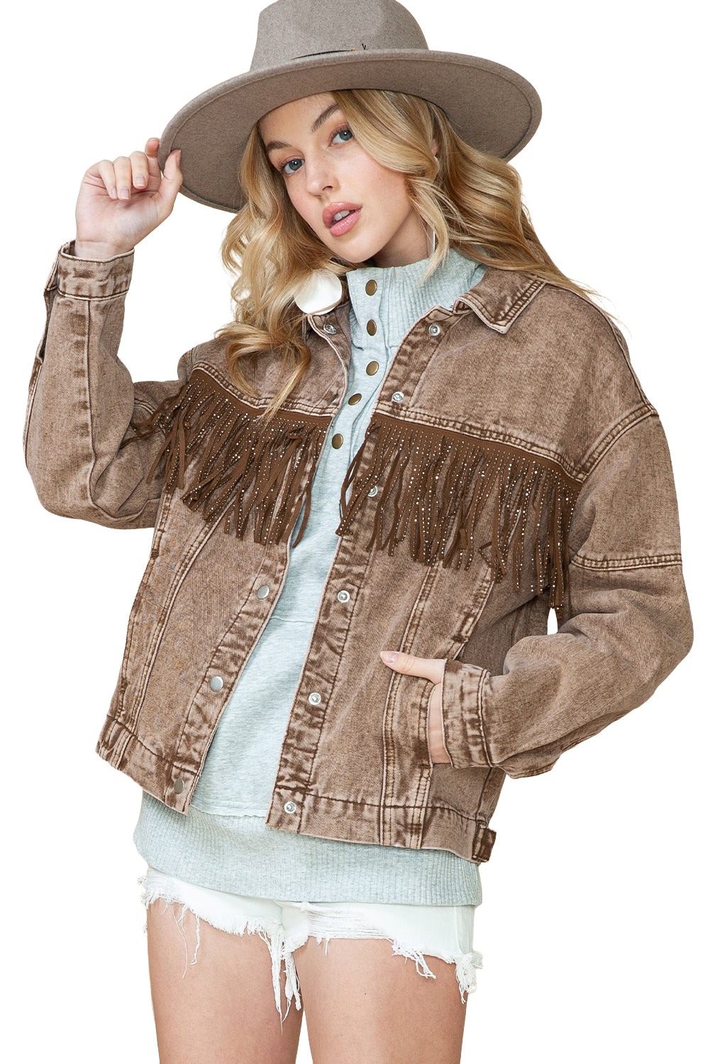 Brown Rhinestone Fringe Vintage Denim Jacket