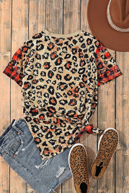 MAMA Heart Leopard Plaid Graphic O Neck T Shirt