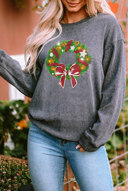 Gray Christmas Wreath Print Graphic Sweatshirt