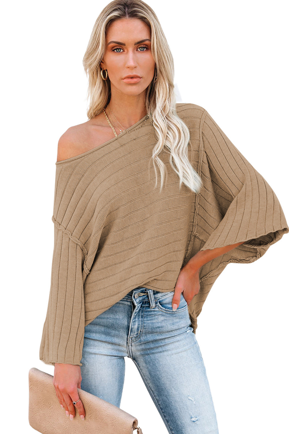 Apricot Solid Color Ribbed Knit 3/4 Sleeve Pullover Sweater