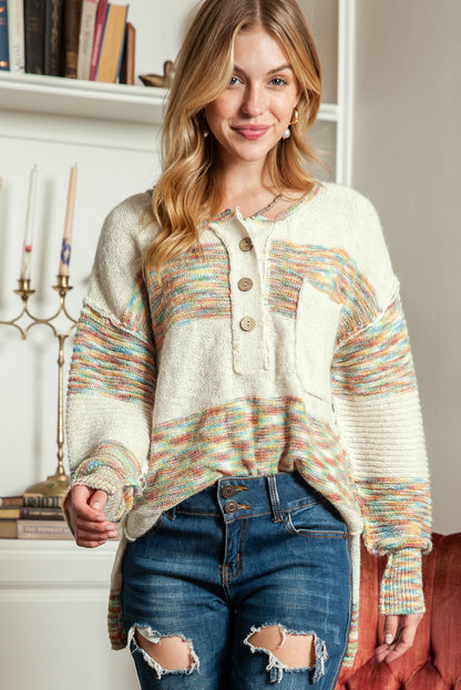 Multicolor Drop Shoulder Long Sleeve Henley Knit Sweater