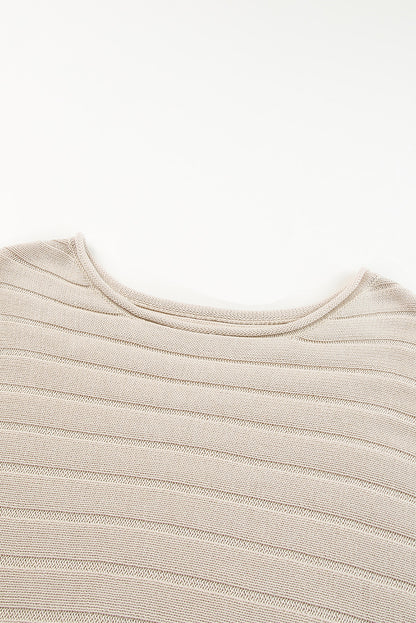 Apricot Solid Color Ribbed Knit 3/4 Sleeve Pullover Sweater