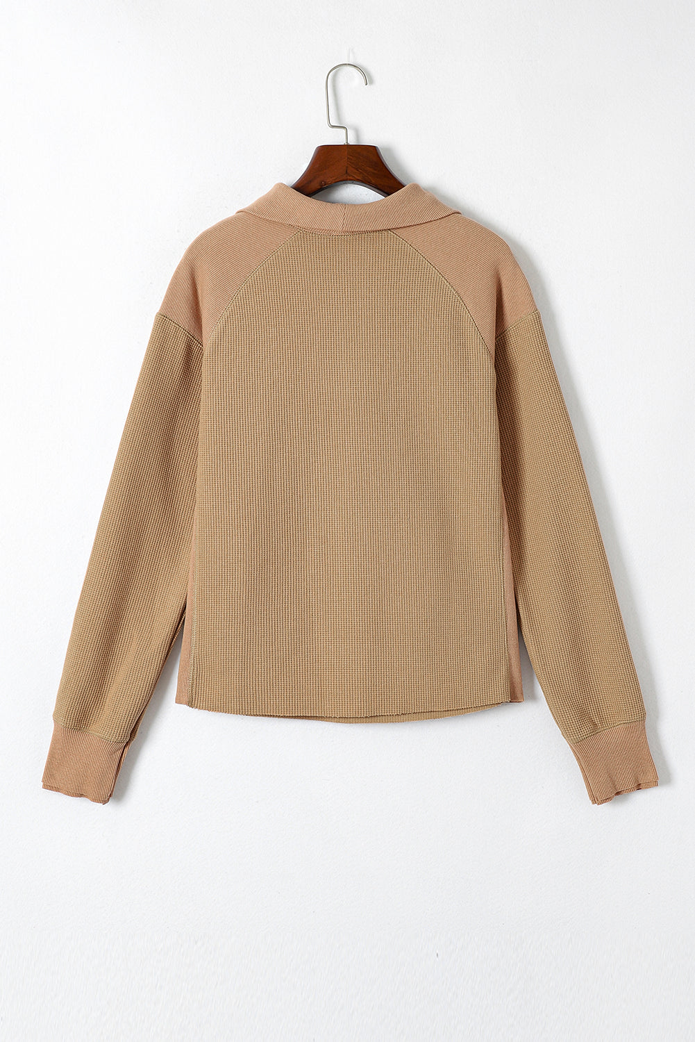 Flaxen Waffle Knit Patchwork Zipped Collared Long Sleeve Top