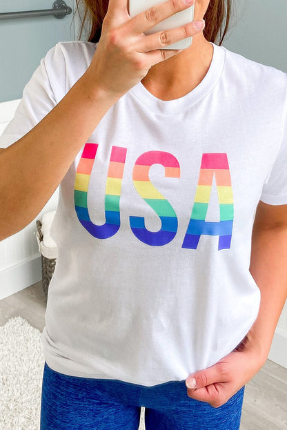 White Casual Colorful USA Letter Graphic Crewneck T Shirt