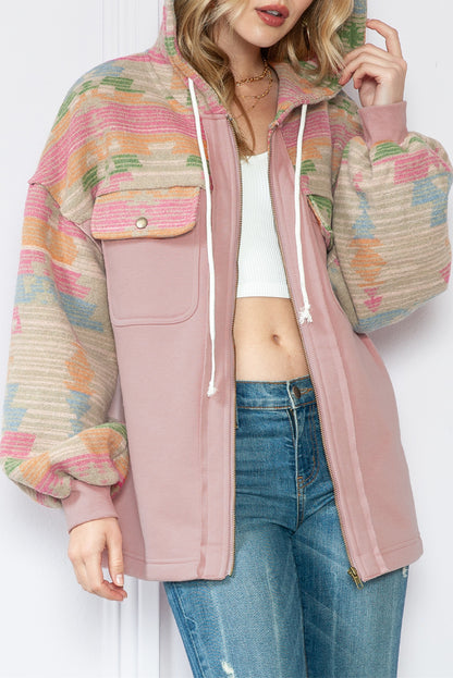 Light Pink Geometric Patchwork Hooded Zip Up Jacket