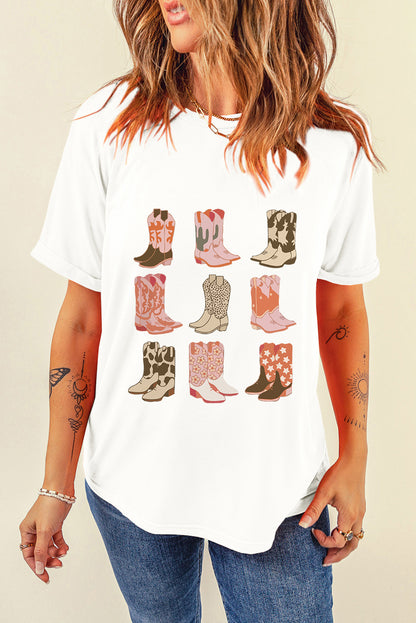 White Mixed Boots Graphic Round Neck Roll Up Sleeve T Shirt