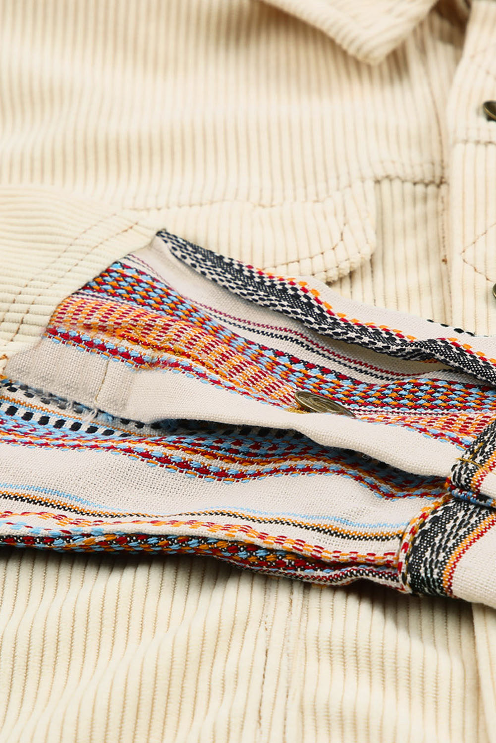 Beige Button Up Pockets Striped Color Block Corduroy Jacket