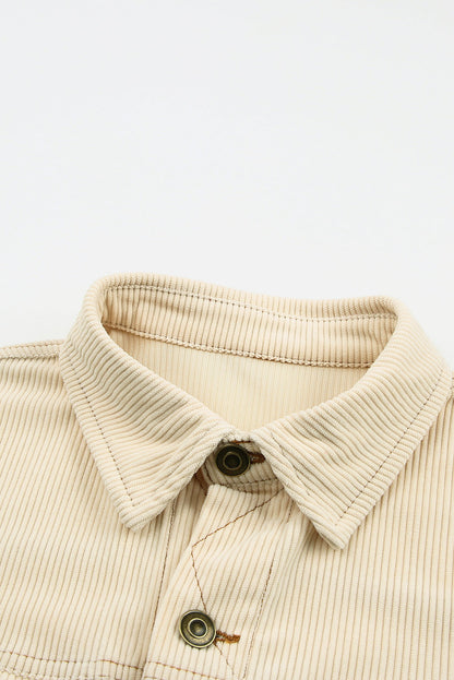 Beige Button Up Pockets Striped Color Block Corduroy Jacket