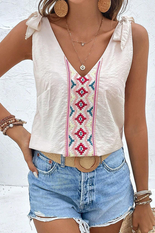 White Floral Embroidered Sleeveless Top