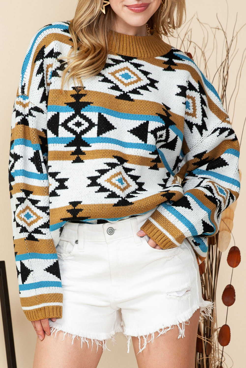 Brown Geometric Striped Knit Ribbed Trim Sweater