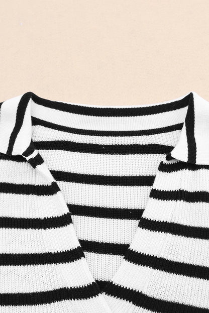 Stripe Casual Collared V Neck Lightweight Knit Sweater