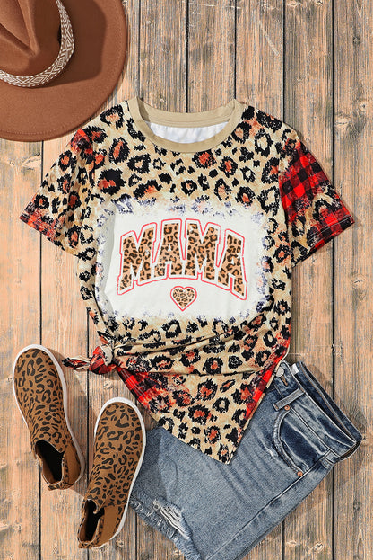 MAMA Heart Leopard Plaid Graphic O Neck T Shirt