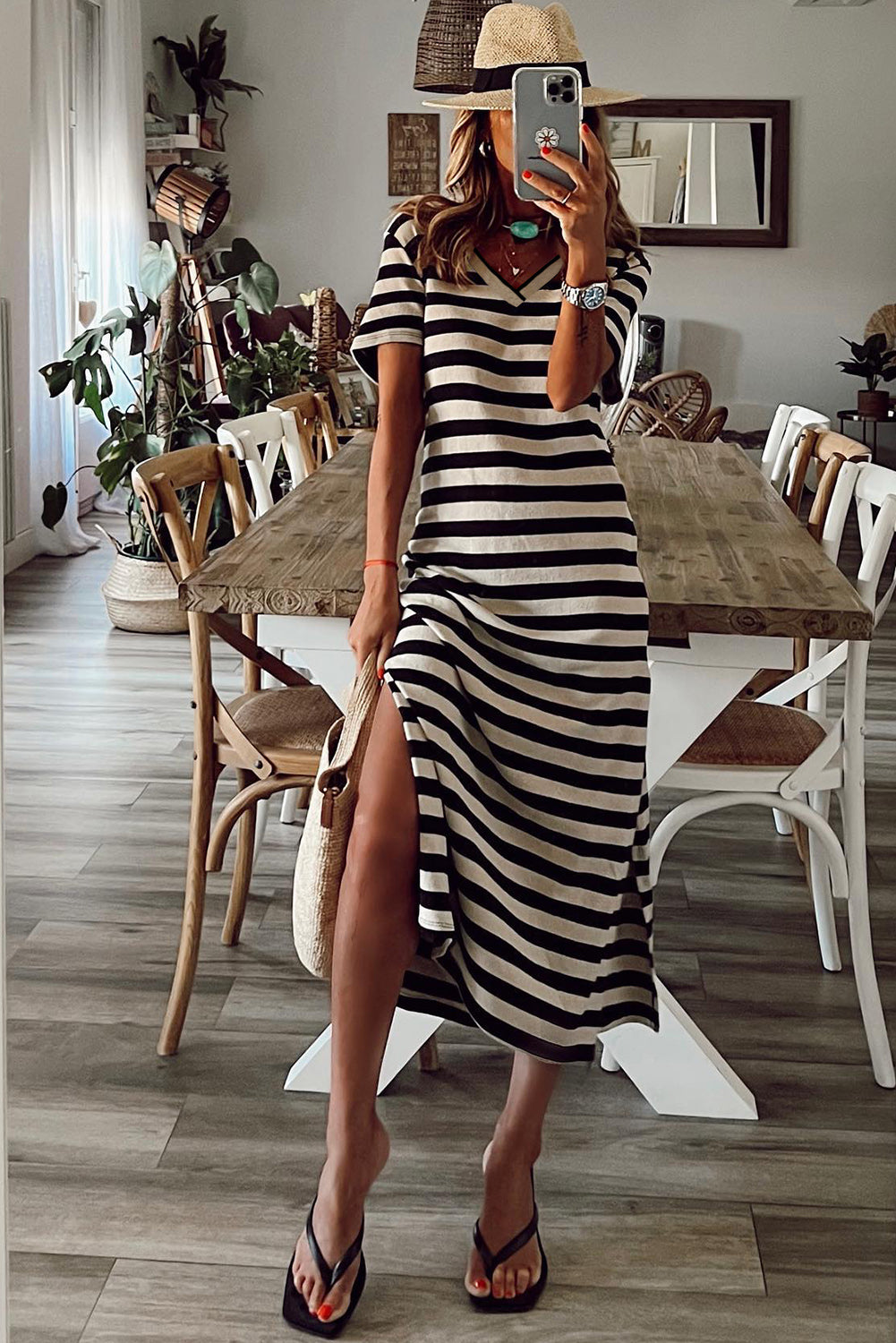 Black Casual Striped Print V Neck Side Split Maxi Dress