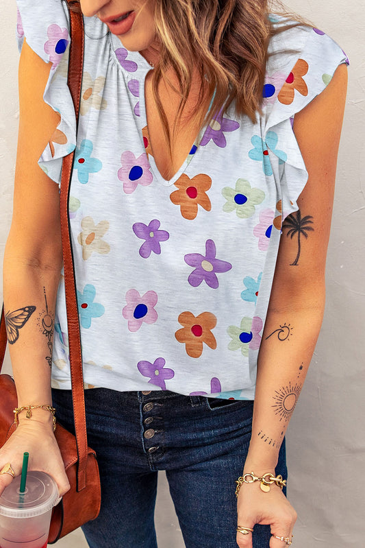 Printed Notched Cap Sleeve T Shirt